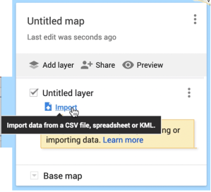 This interactive panel lets you link your data source to the newly created map layer - here you can name your map and describe it, as well as import the data file. You can also choose what the base map looks like (i.e. the underlying Google map).