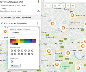 Updated map with film strip icons that are orange.
